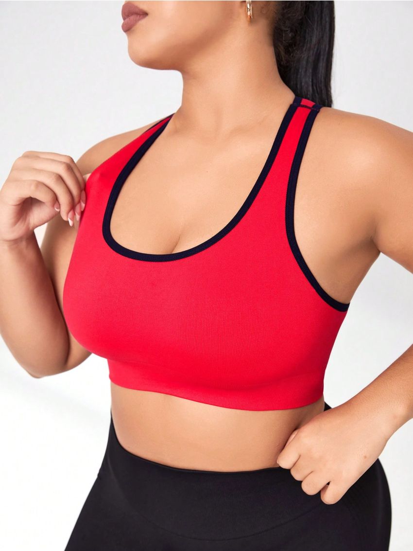 Plus Contrast Binding Cut Out Back Sports Bra