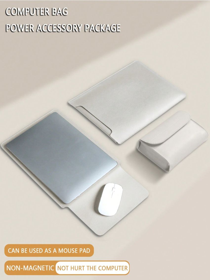 1pc White Pu Leather Laptop Protective Sleeve With Power Adapter Pouch, Compatible With Macbook Air, Pro