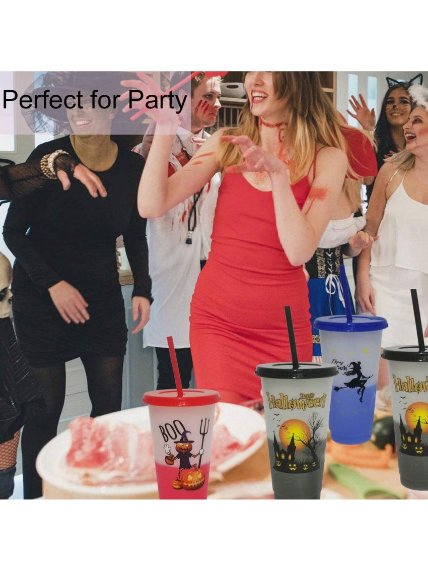 5 Pcs Halloween Color Changing Cups with Lids and Straws - Halloween Decorations Indoor Home, 24oz Plastic Tumblers Bulk, Reusable Cups with Dark Castle, Pumpkin Warrior, Flying Witch, Black Cat, Trick or Treat Candy for Halloween Party Favors