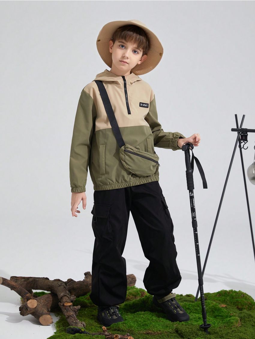 Tween Boy 1pc Slogan Patched Detail Half Zipper Hooded Jacket With Bag