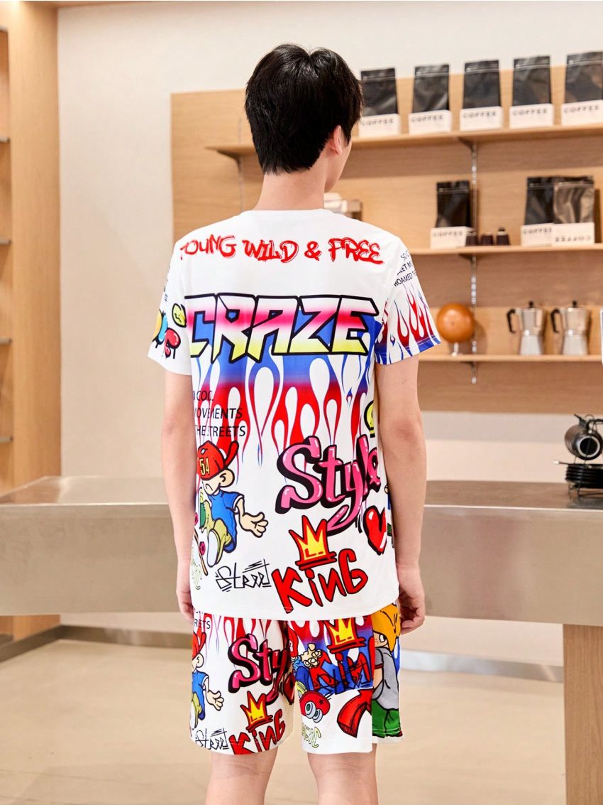 2pcs/Set Street-Style Teen Boy Casual Outfit With Letter & Cartoon Character Print T-Shirt And Shorts