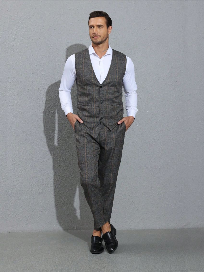 Manfinity Men's Plaid Button Vest Pants Suit Set