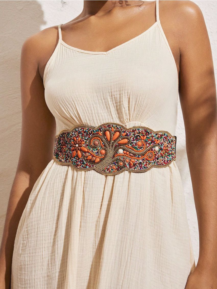 Women's Elegant & Romantic Heavy Duty Elastic Turquoise Flower Bohemian Style Waist Belt Casual