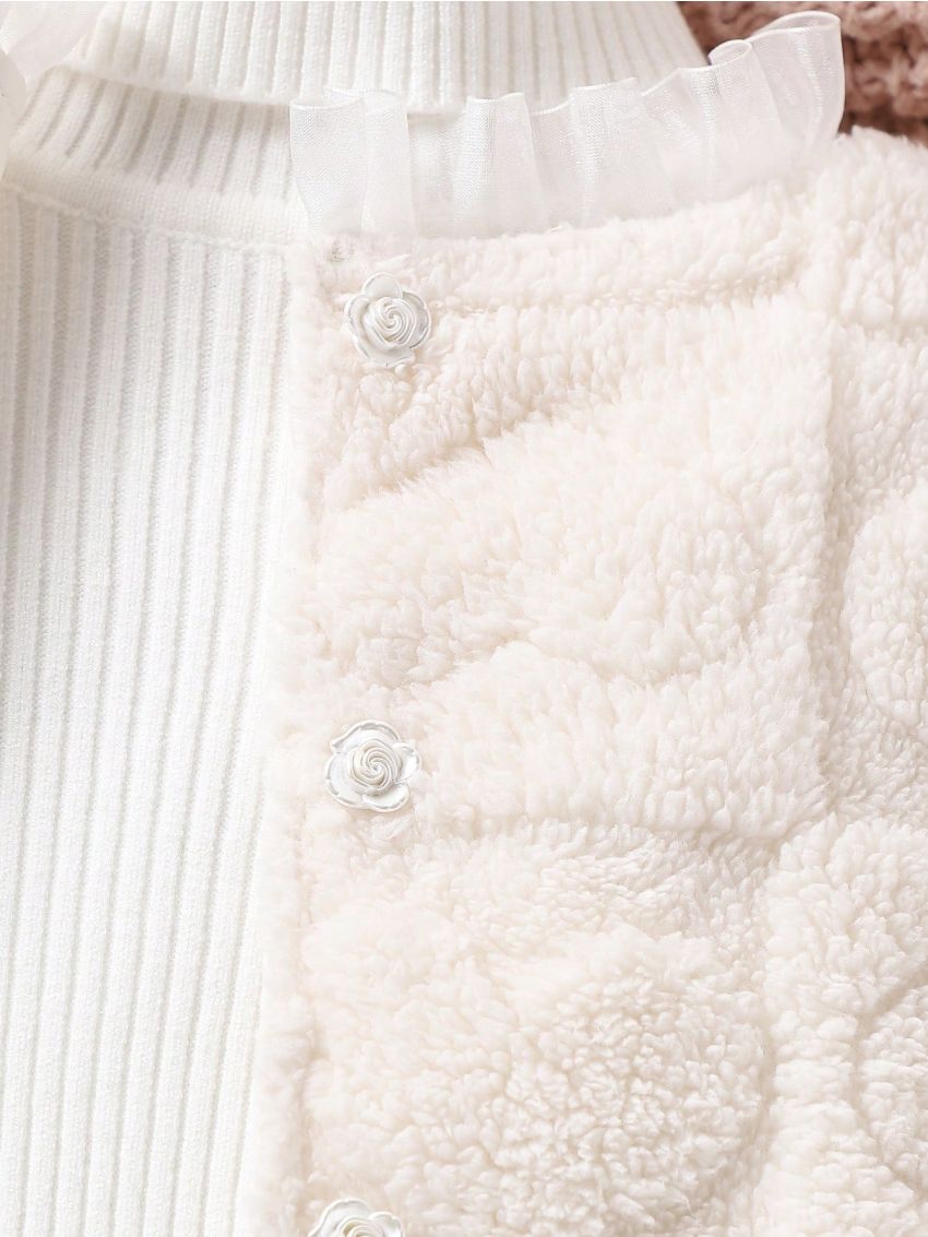 Baby Girls' Teddy Coat With Heart Pressed Flowers And Ruffle Details, Autumn And Winter