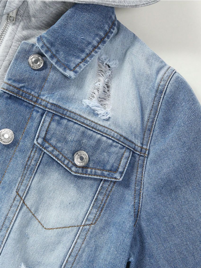 Teen Girl Flap Pocket Hooded 2 In 1 Denim Jacket