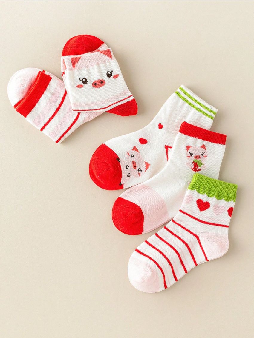 5pairs/set Girls' Cartoon Pink Pig Design Mid-calf Socks, Suitable For All Seasons