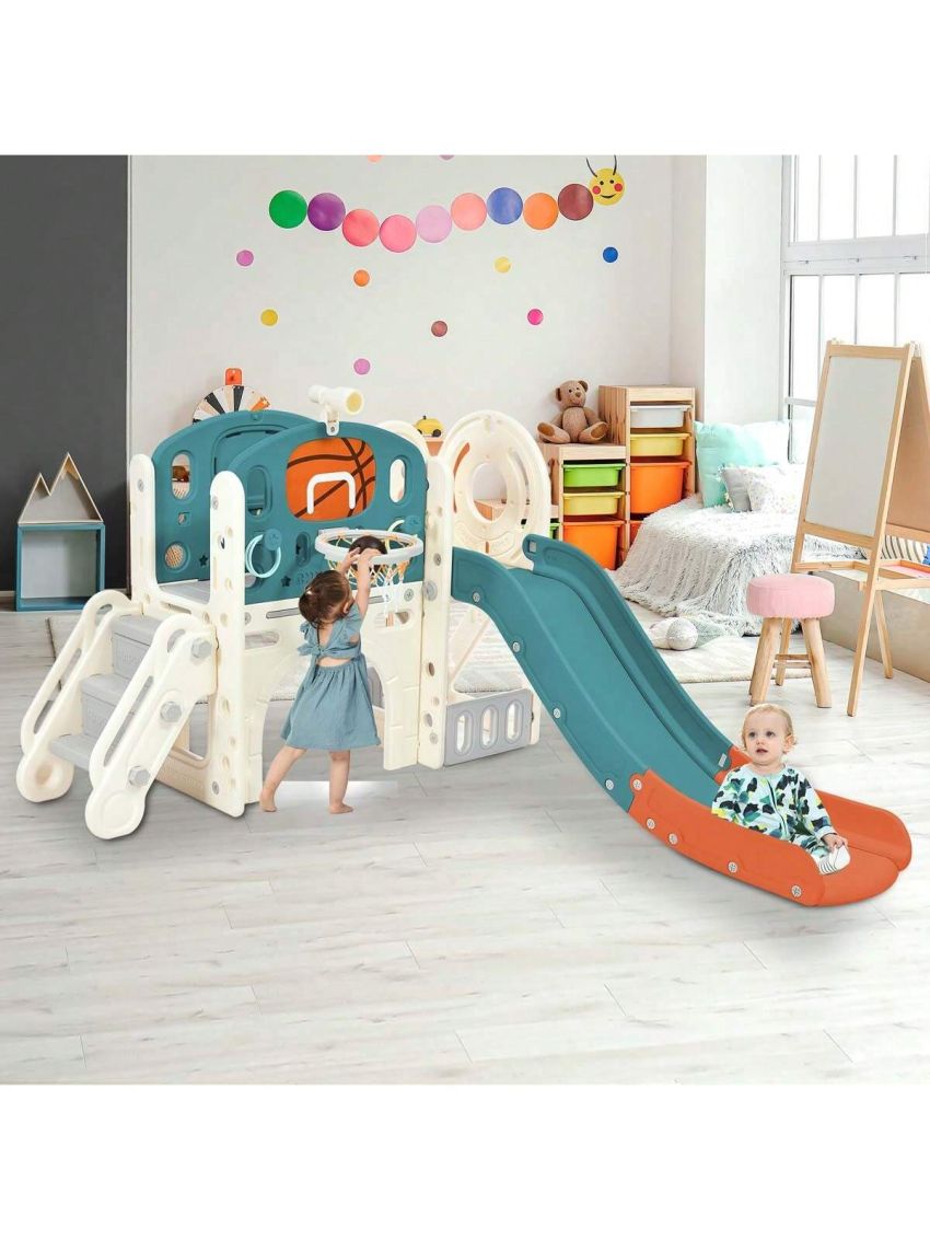 Merax Kids Slide Playset Structure, Freestanding Castle Climbing Crawling Playhouse with Slide, Arch Tunnel, Ring Toss, and Basketball Hoop, Toy Storage Organizer for Toddlers, Kids Climbers Playground