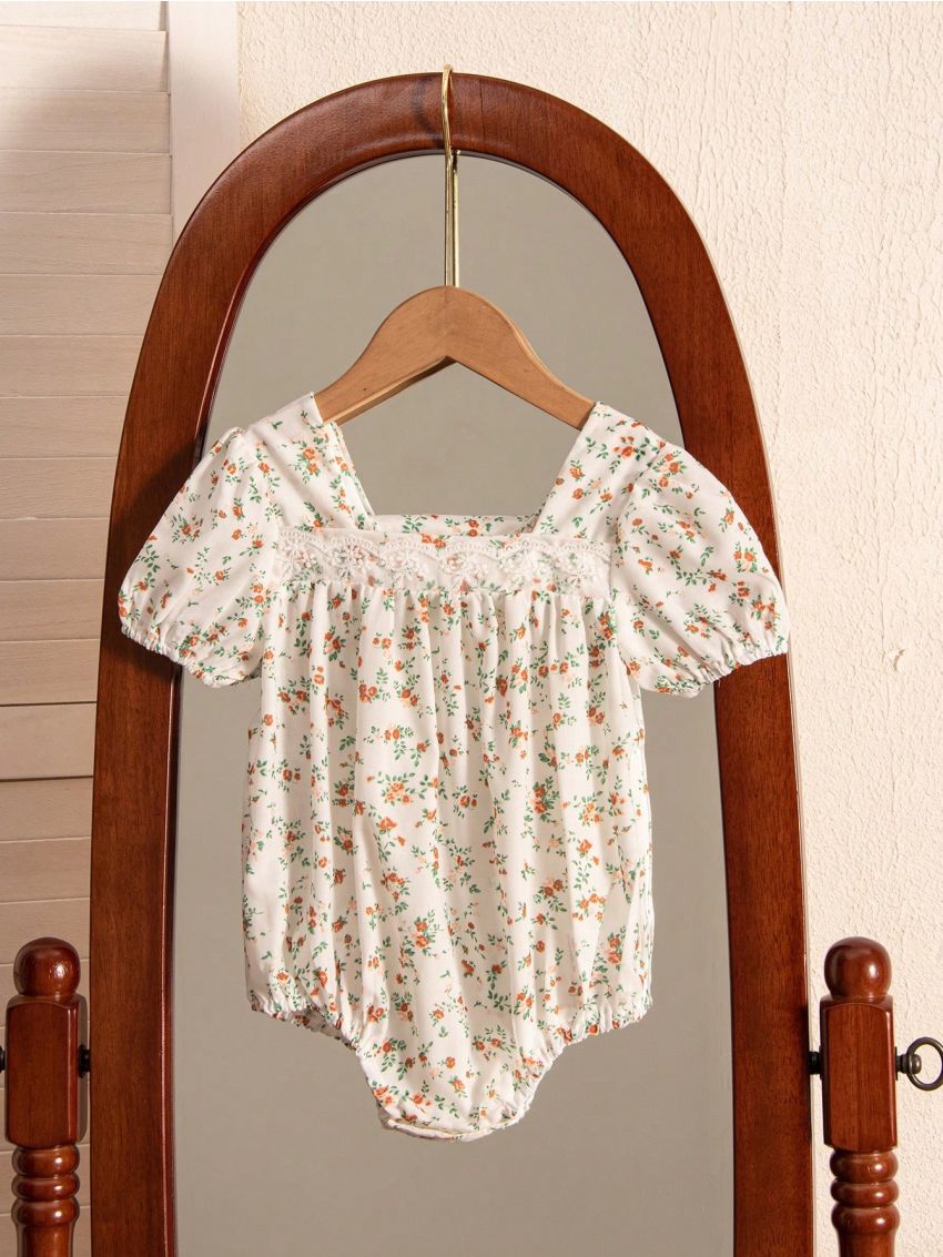 Baby Girls' Romper Bodysuit With Short Sleeves And Floral Print, Lovely & Thin, Perfect For Summer
