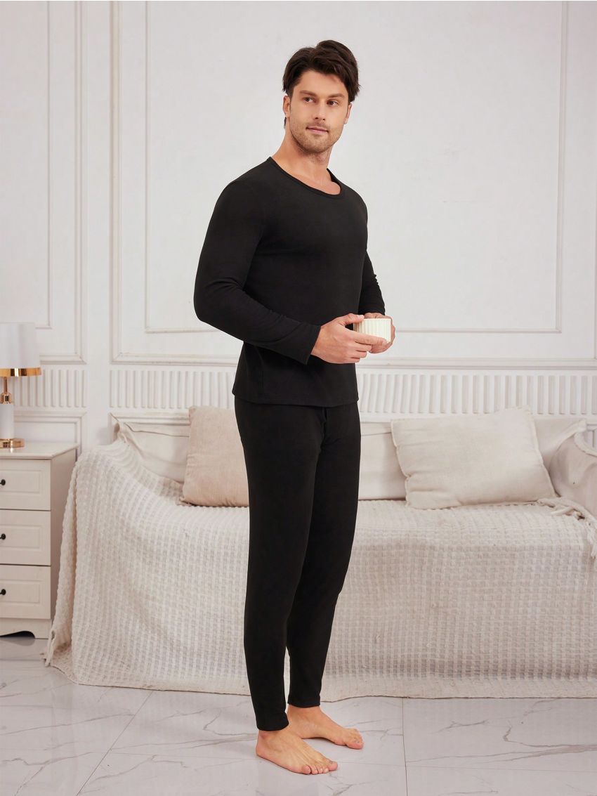 Men'S Round Neck Long Sleeve Top And Pants Thermal Underwear Set
