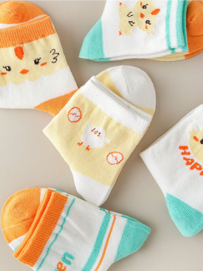 5pairs/set Girls' Cartoon Chicken Mid-calf Socks Suitable For All Seasons And Daily Wear