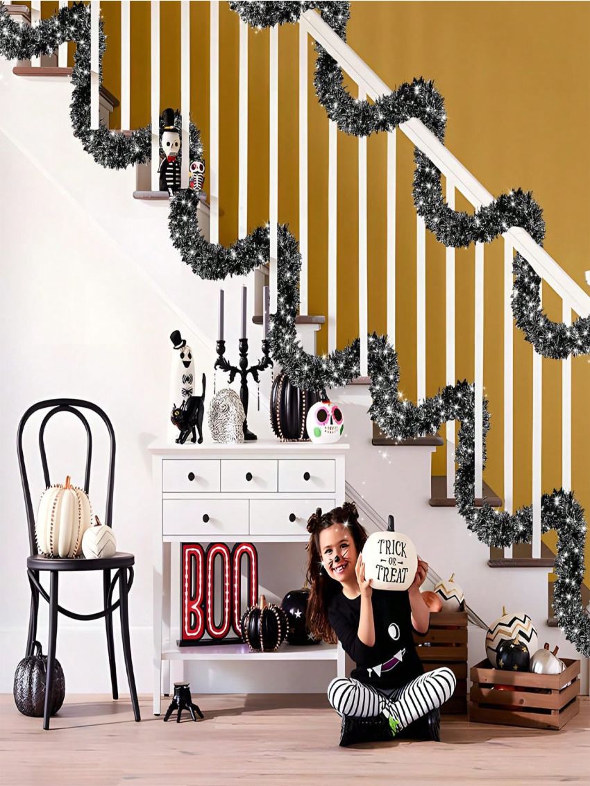 Govetom 2 Pack Total 66 Ft Halloween Garland, Sparkly Metallic Black Tinsel Garland Holiday Tinsel Twist Garlands Hanging Halloween Decorations for Home Indoor Outdoor Halloween Party