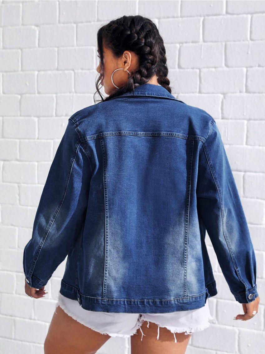 SHEIN Plus Flap Pocket Drop Shoulder Denim Jacket