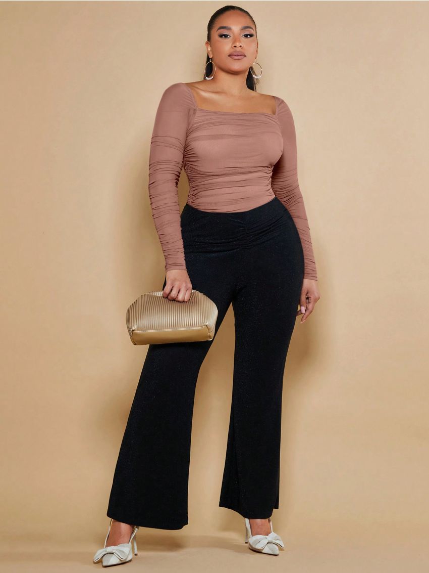 SHEIN BAE Plus Square Neck Ruched Mesh Blouse