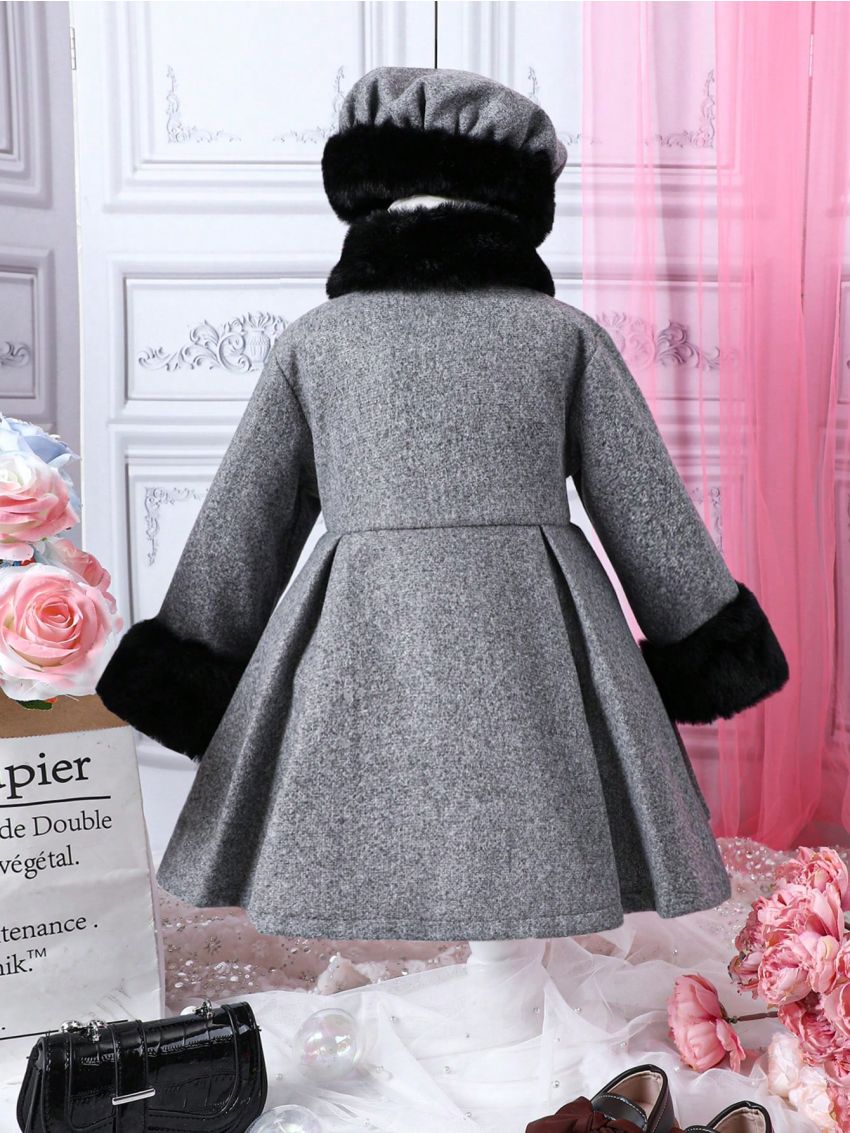 Baby Girl Fuzzy Cuff Bow Front Overcoat & Hat