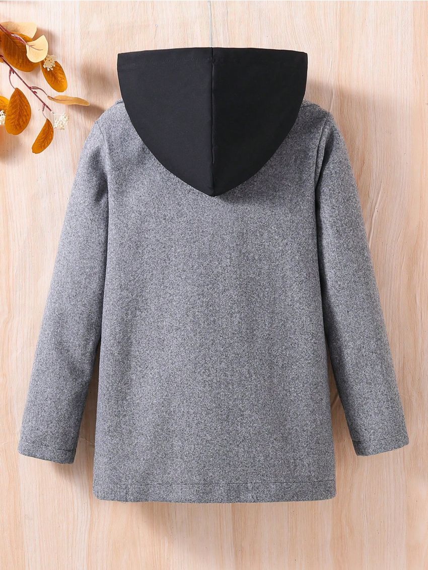SHEIN Boys' Warm 2 In 1 Hooded Wool Coat, Mid-Long Length, Suitable For Daily Wear
