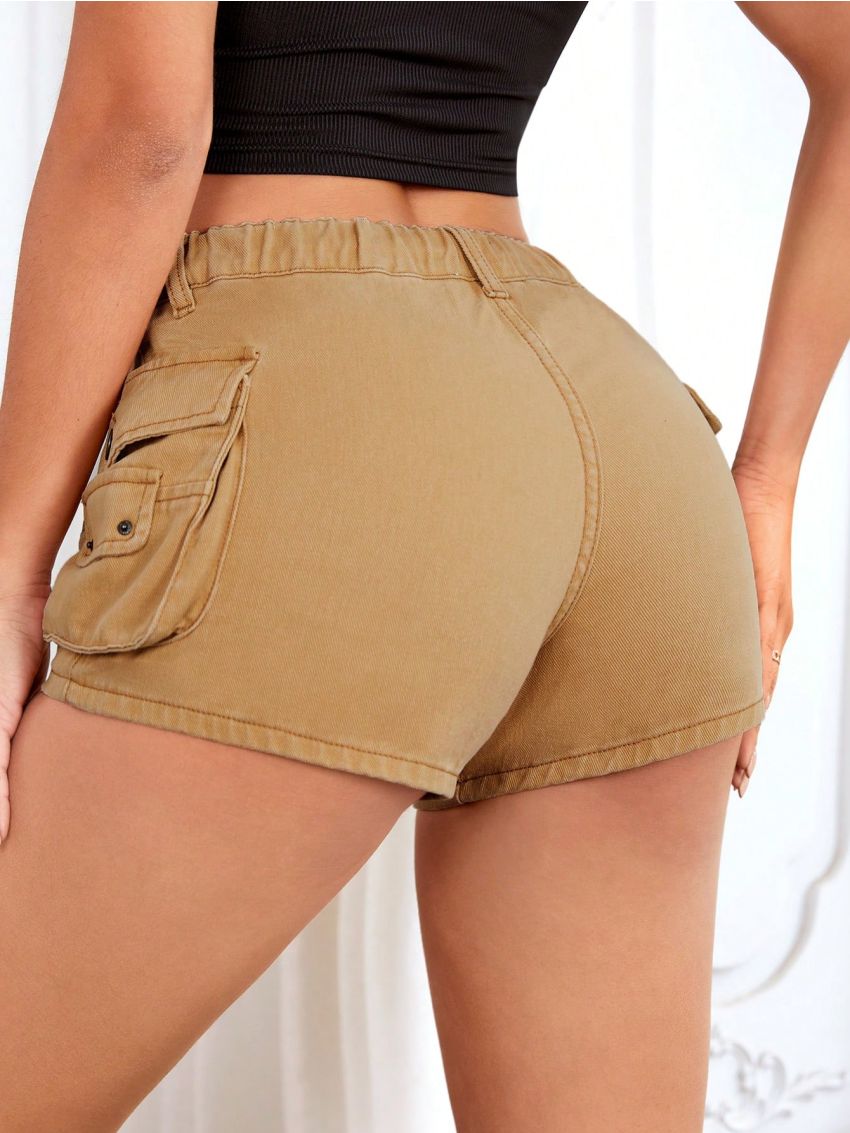 Drawstring Waist Flap Pocket Side Denim Shorts