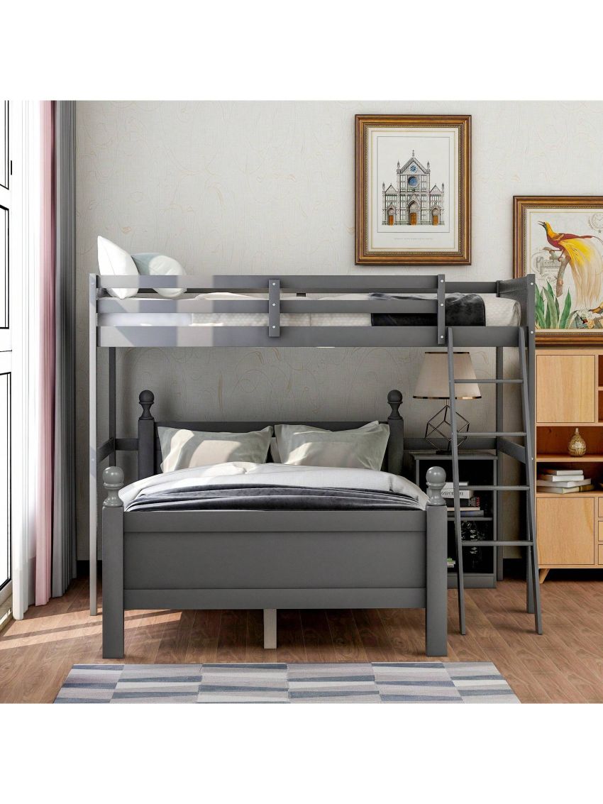 MISSUNNY Twin over Full Loft Bed with Cabinet, Gray
