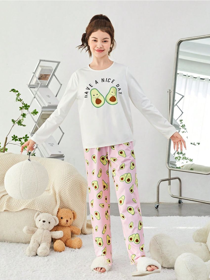SHEIN Teen Girls' Knitted Cute Avocado Pattern T-shirt And Long Pants Homewear Set