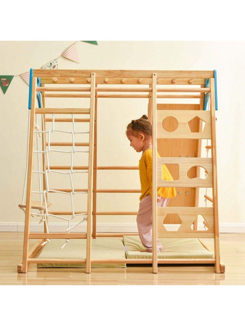 Merax Wooden Indoor Kids Playground Jungle Gym with Slide, Toddlers Wooden Climber 8-in-1 Slide Playset, Wooden Rock Climbing Wall with Rope Wall Climb, Monkey Bars, and Swing for Kids