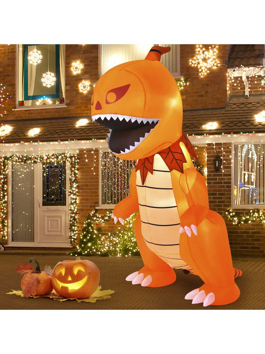 Costway 8FT Halloween Inflatable Pumpkin Head Dinosaur Blow Up with LED Lights