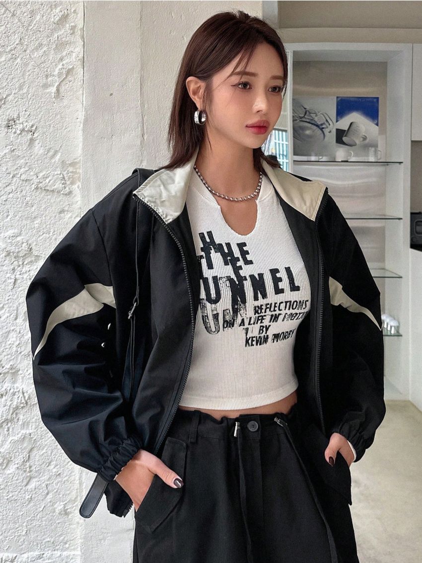 Dazy Star Women'S Color Block Zipper Jacket