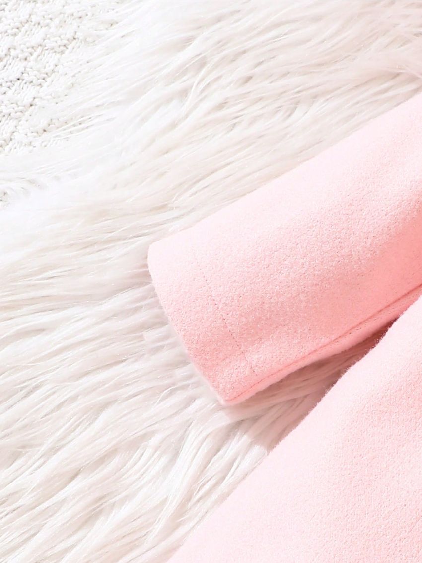 Baby Girls' Woolen Coat With Flower Embroidery And Front Button Closure + Hat