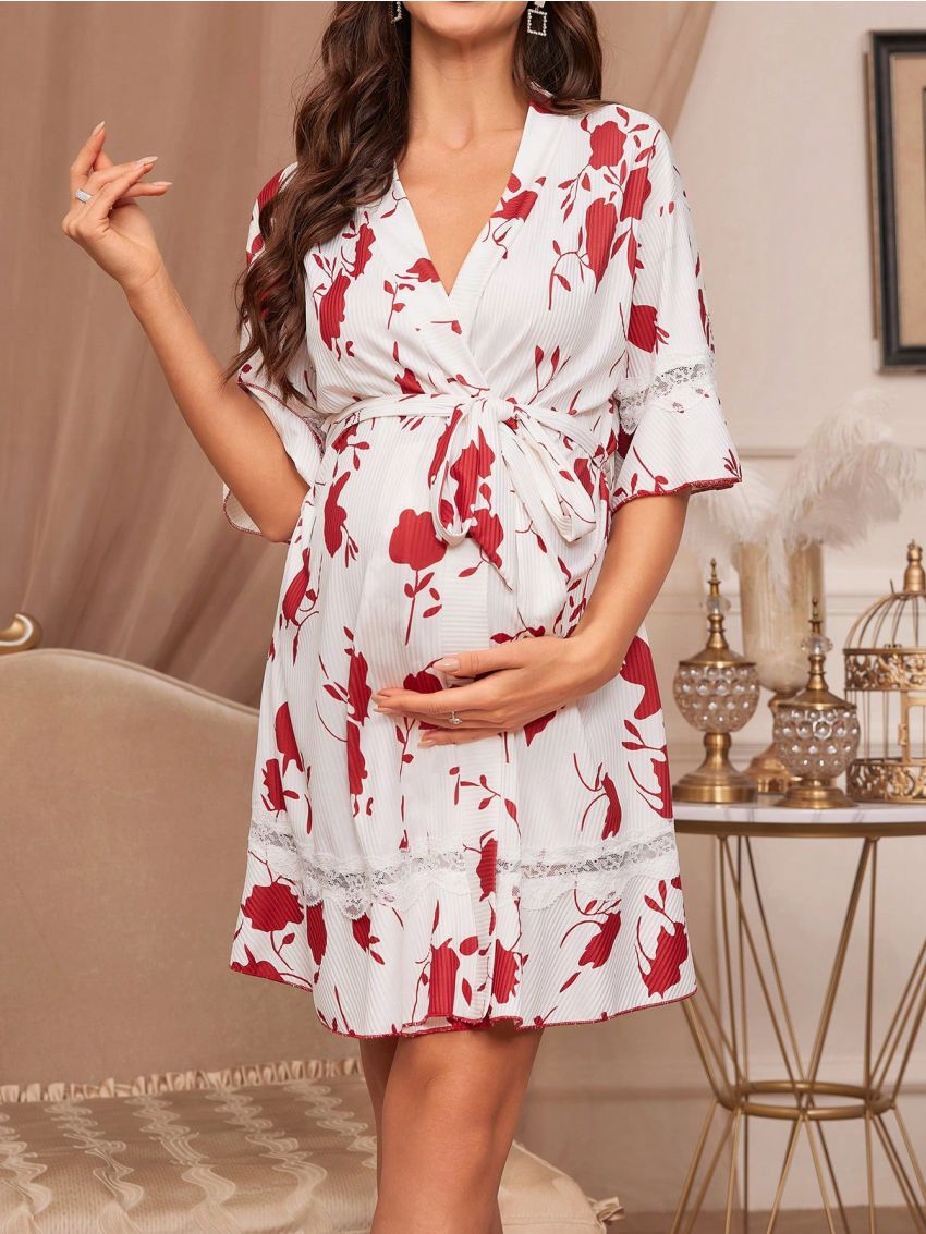 Women's Floral Print Wrap Design Robe For Sleepwear