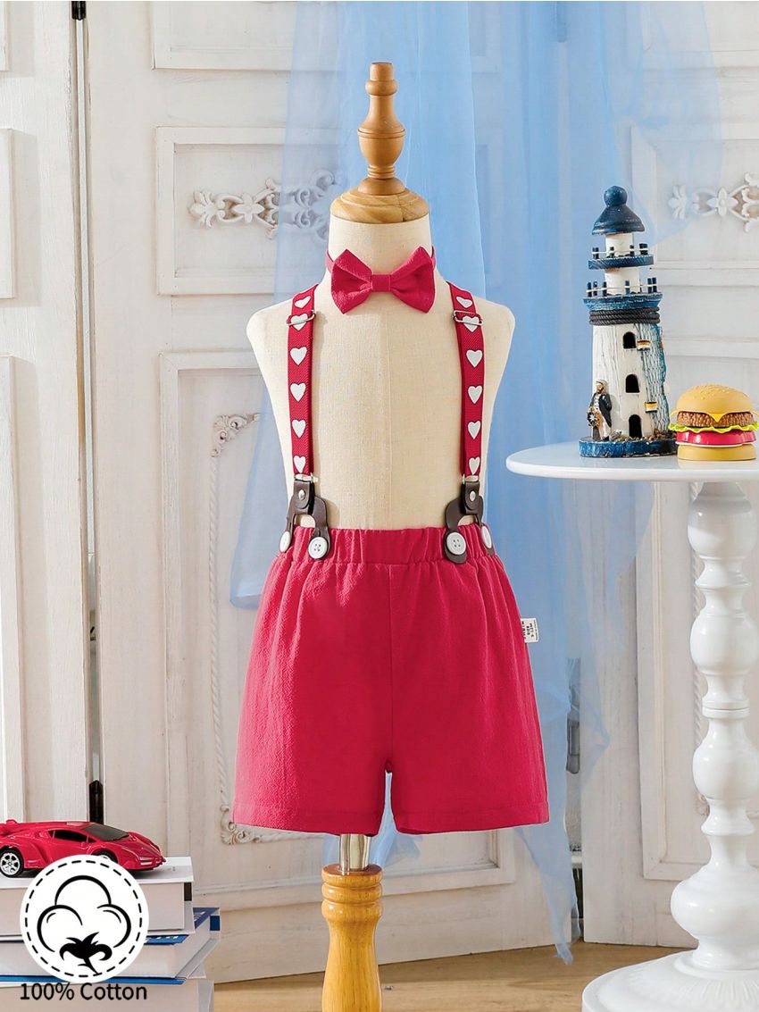 SHEIN 2pcs/Set Baby Boys' Casual & Elegant College Style Short Overalls With Heart Pattern, Including Bow Tie, Suitable For Valentine's Day, Spring & Summer