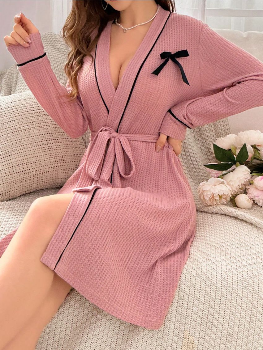 Women'S Bow Decoration Robe With Waist Belt For Homewear