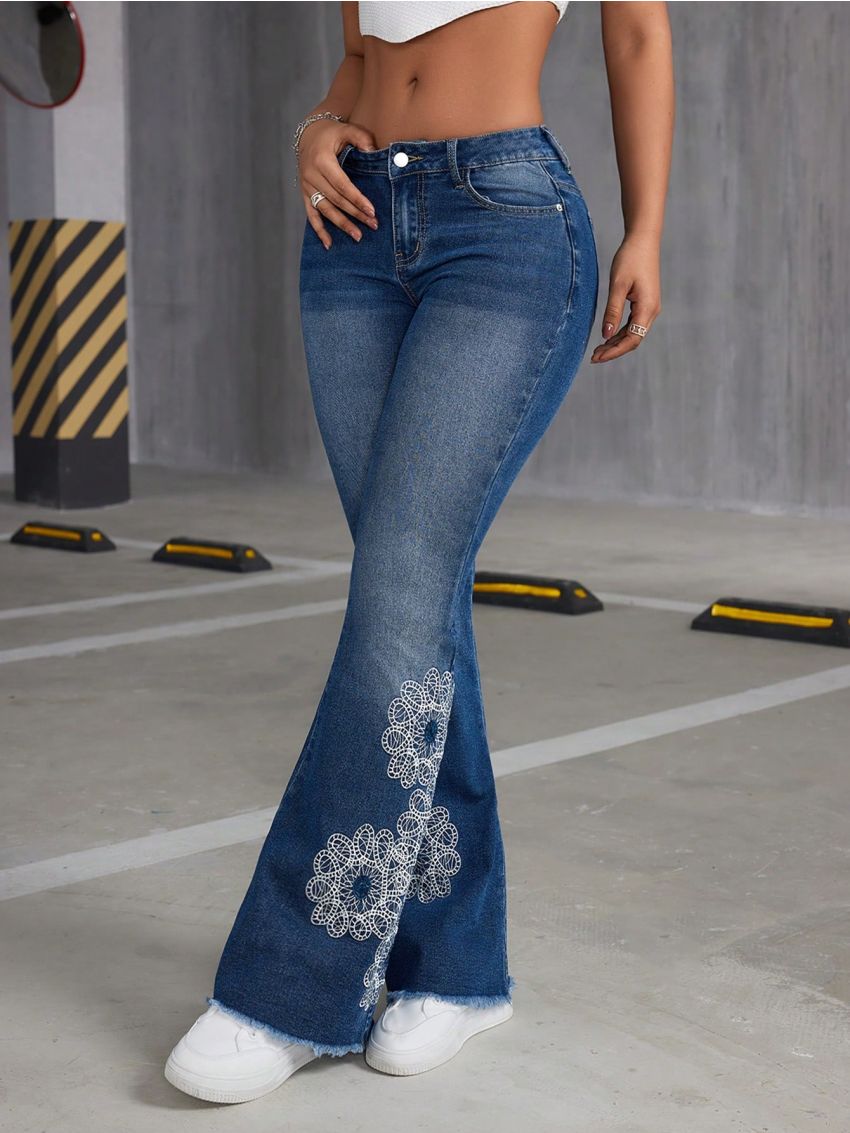 SHEIN ICON Women'S Floral Embroidery Flare Jeans