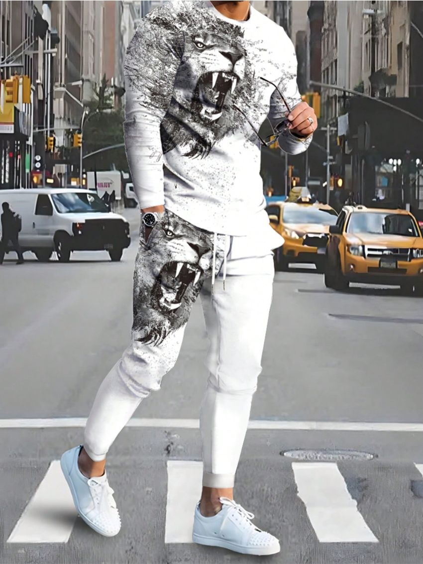 Manfinity EMRG Men's Lion Printed Long Sleeve T-shirt And Pants Set