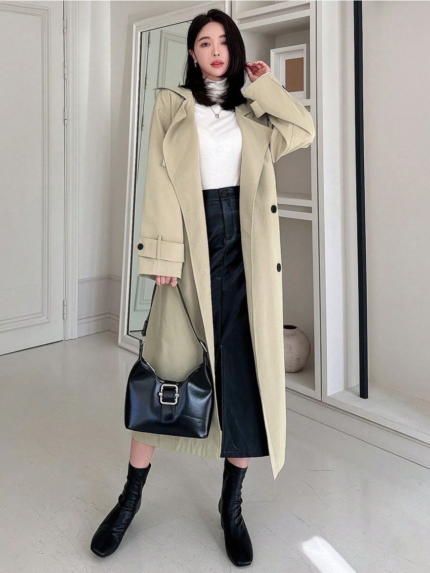 DAZY Women'S Double Breasted Belted Trench Coat Jacket