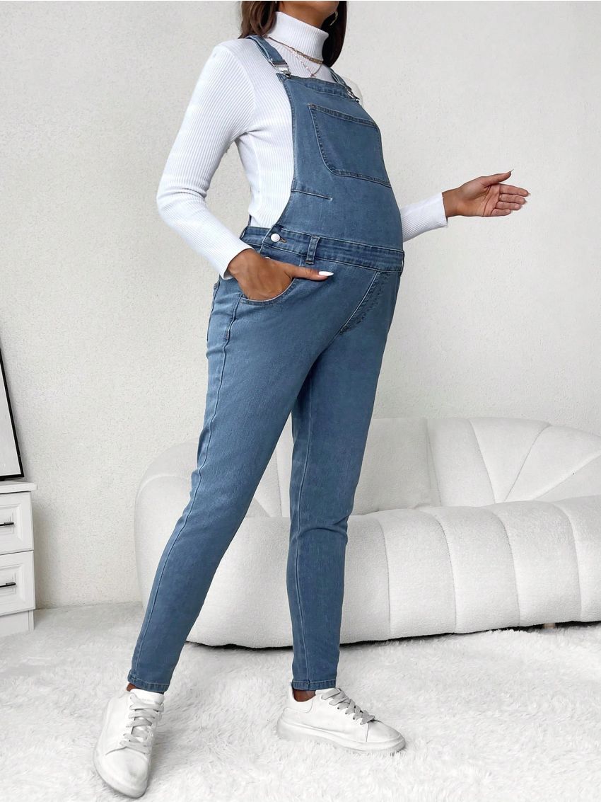 SHEIN Maternity Patched Pocket Denim Overalls Without Tee
