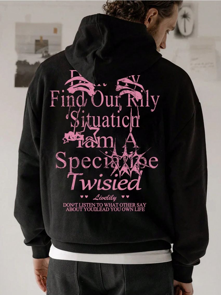 Men Slogan Star Graphic Drop Shoulder Drawstring Hoodie