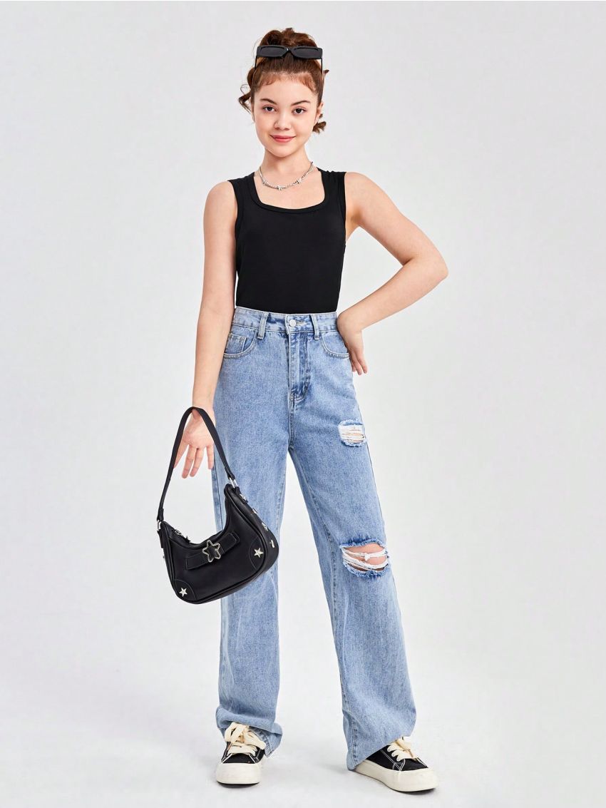 SHEIN Teenage Girls' Knitted Solid Color Leisure Square Neck Vest 3pcs Set