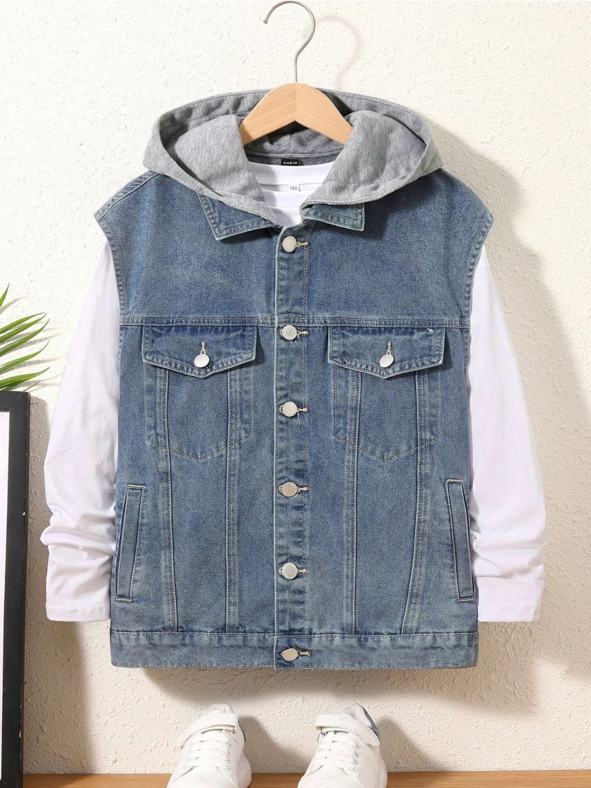 SHEIN Boys' Drawstring Hooded Denim Vest, For Children Aged 8-16