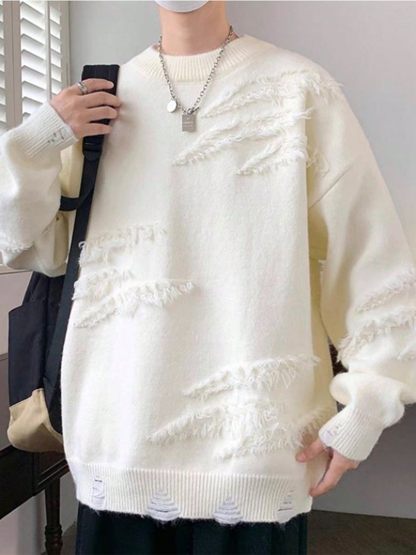 Manfinity EMRG Men's Solid Color Distressed Round Neck Sweater