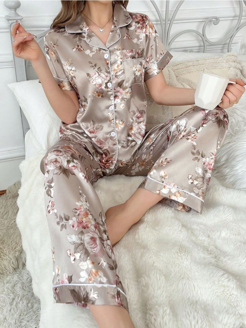Silk-Like Flower Print Notched Collar Pajama Set