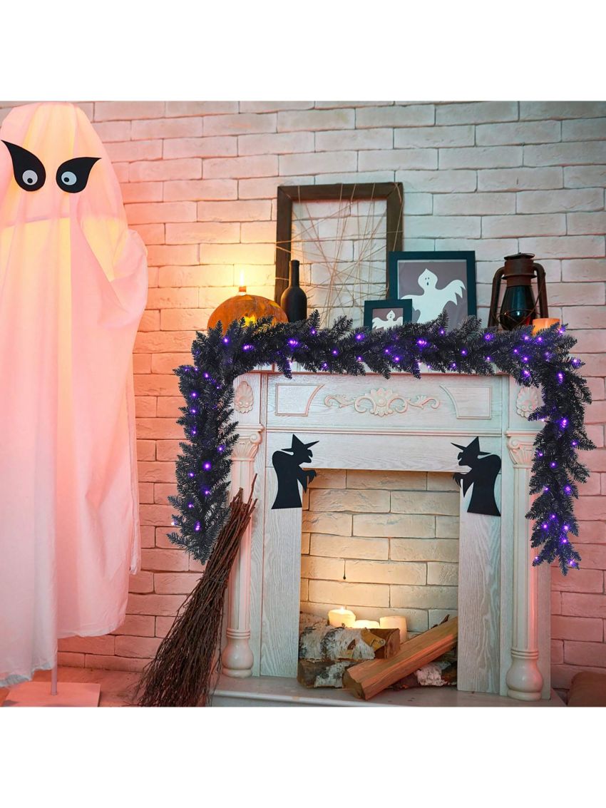 Costway 9ft Pre-lit Christmas Halloween Garland Black w/ 50 Purple LED Lights