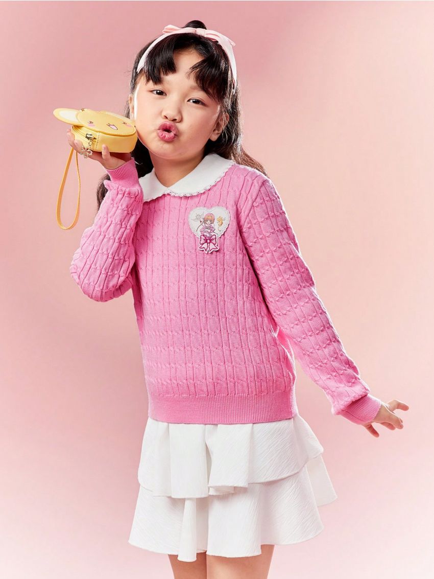 SHEIN X Cardcaptor Sakura Tween Girls Long Sleeve Sweater With Doll Collar, Heart & Patched Detail