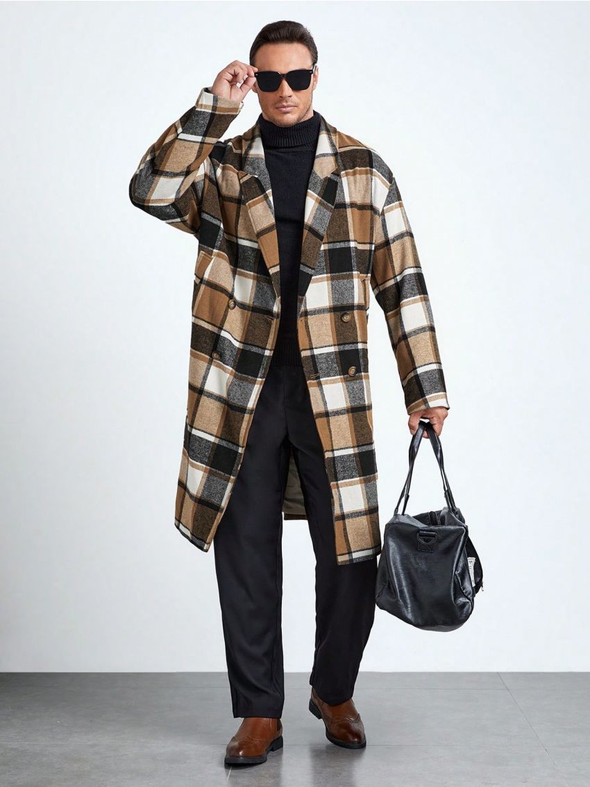 SHEIN Men Plus Plaid Double Breasted Overcoat
