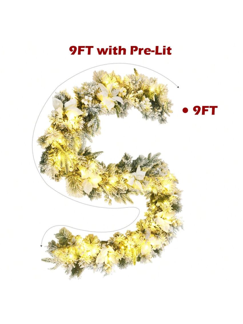 Costway 9ft Pre-lit Snowy Christmas Garland w/ Berries Poinsettia Flowers Timer