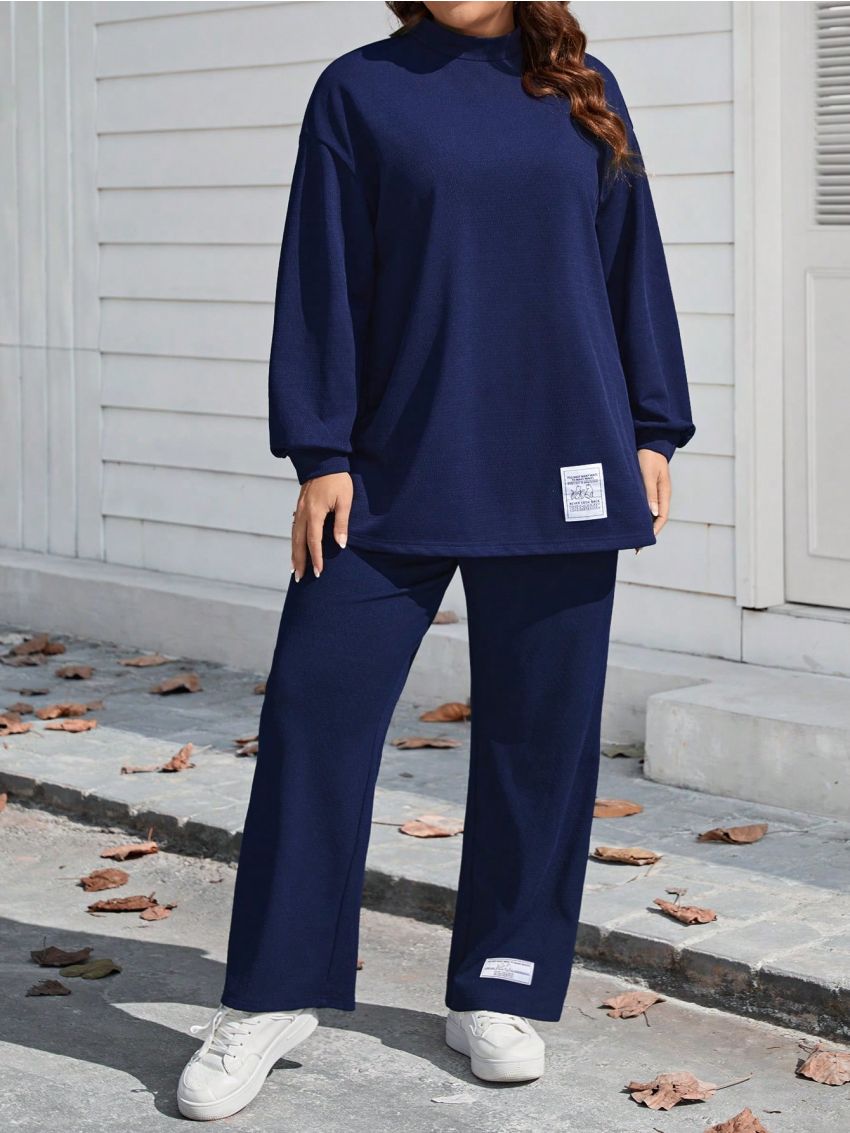 SHEIN LUNE Plus Size Women's Letter Patchwork Lantern Sleeve Top And Pants Set