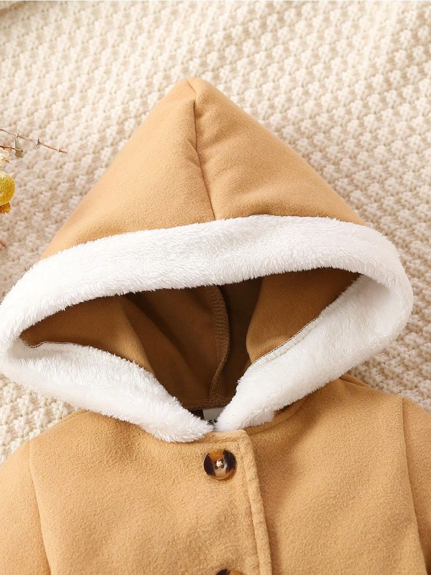 Baby Girl Contrast Trim Bow Front Fold Pleated Detail Hooded Overcoat
