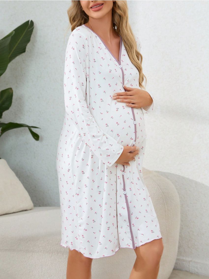 Maternity Floral Printed Colorblock Nightgown With Lace Trim