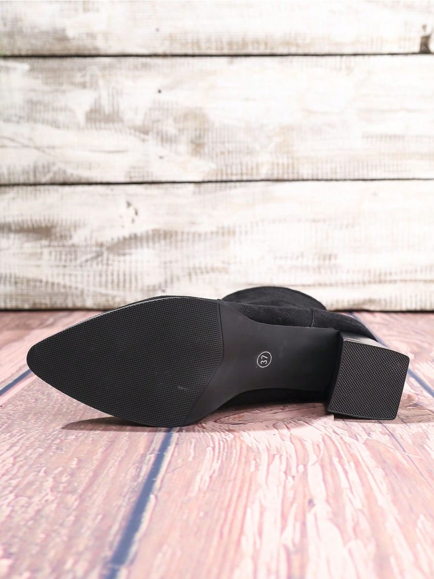 Ladies’ European And American Vintage Street Style Black Flocked High Heel Ankle Boots