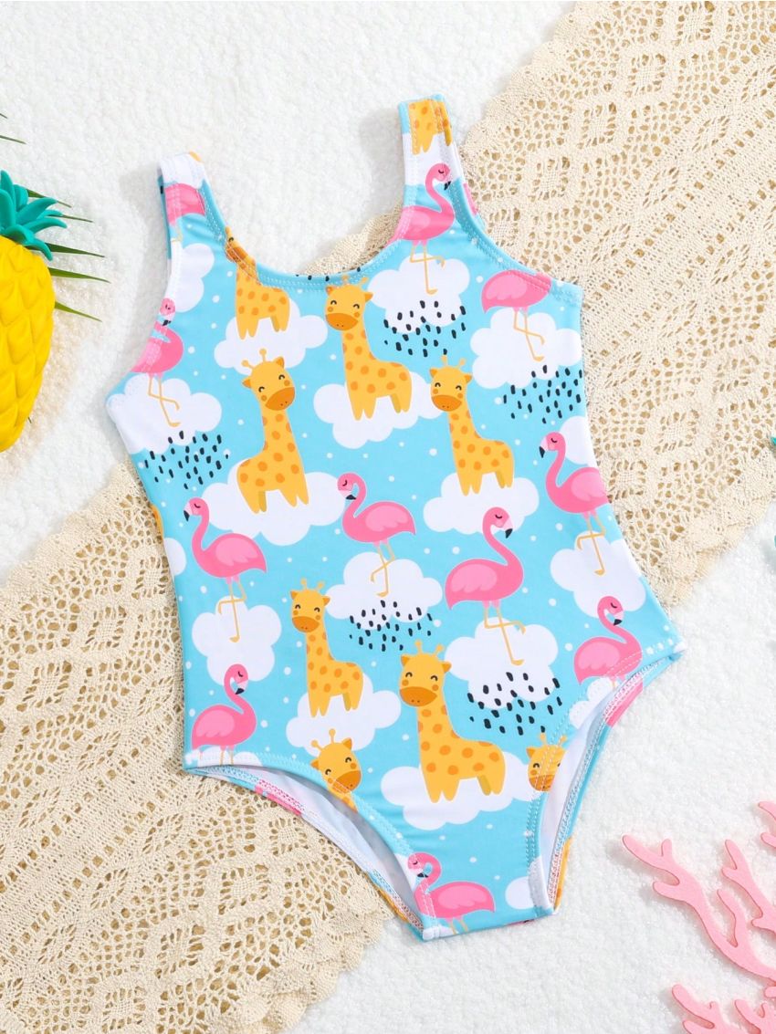 Baby Girl Cartoon Giraffe & Flamingo Printed Swimsuit