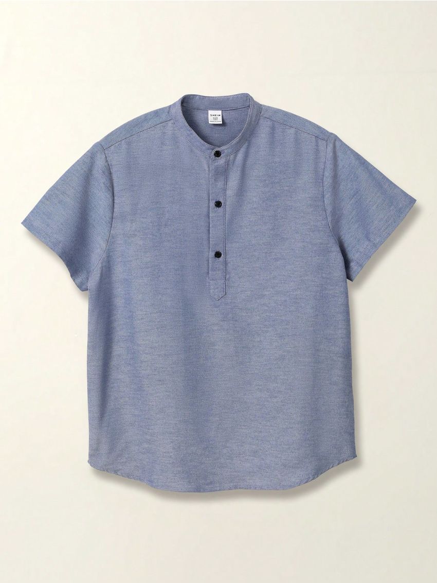 SHEIN Boys' Casual Mandarin Collar Half Button Short Sleeve Woven Loose Shirt