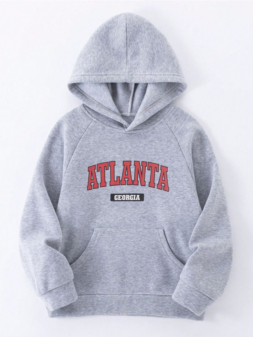 SHEIN Tween Boys' Casual Hoodie With Raglan Sleeve And Letter Print For Autumn And Winter, Home/Leisure Wear