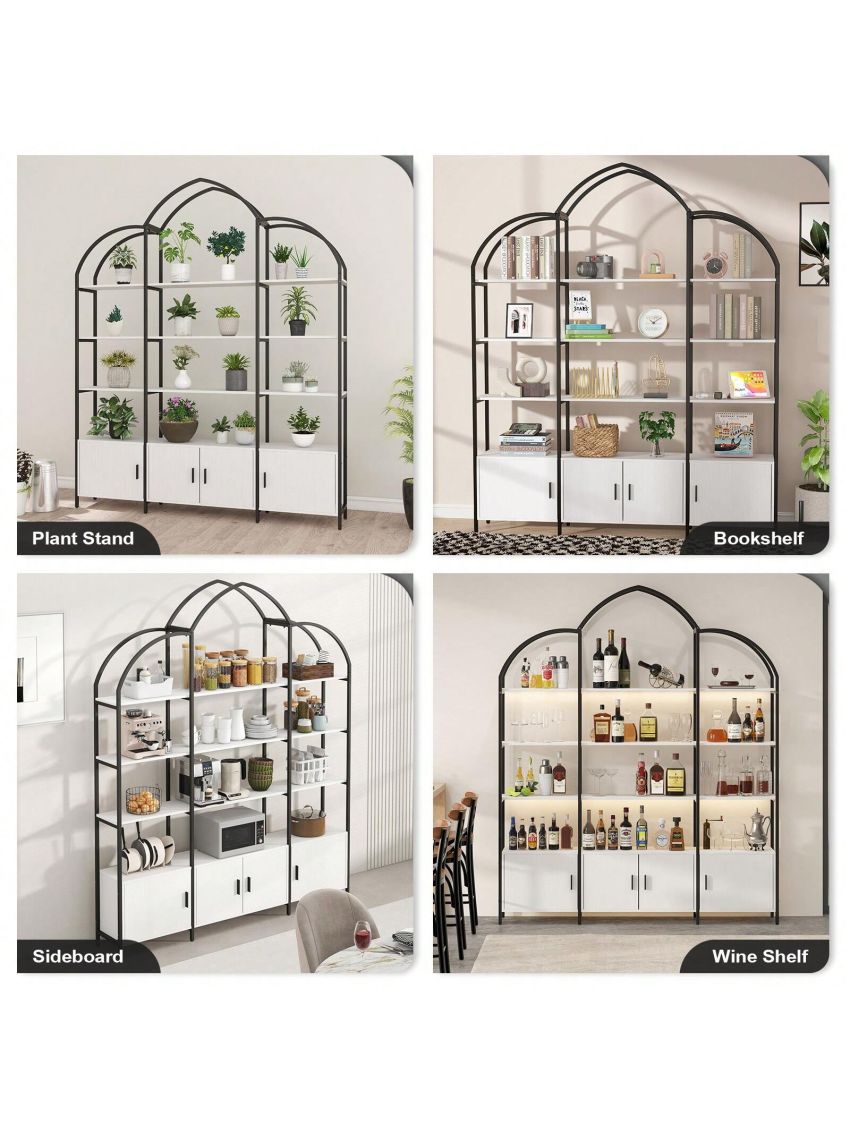 4-Tier Bookshelf, Tall Arched Bookcase, Industrial Wood Storage Rack Open Shelves, Modern Standing Bookshelves Metal Frame Display Rack for Bedroom Living Room Home Office Black & White